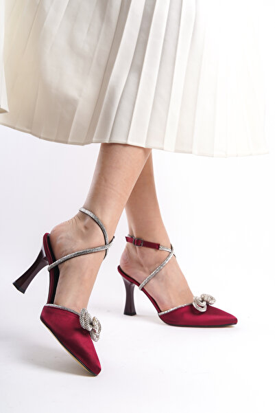 Moda Değirmeni Burgundy Satin Women's Stoned Bow Evening Dress Shoes BG1112-121-0001
