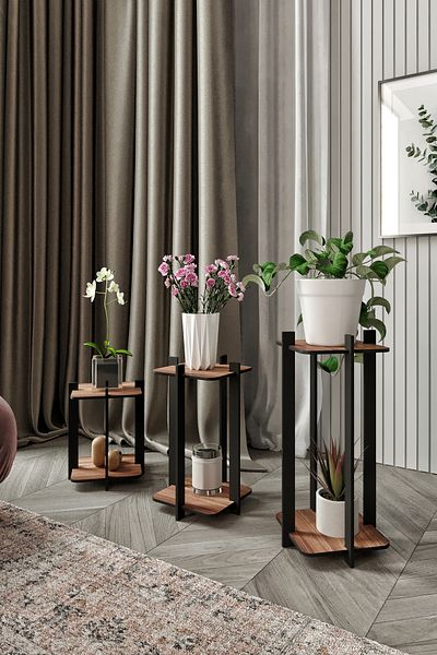 messer 3-Piece Flower Pot Flower Pot Square Madran Walnut Set