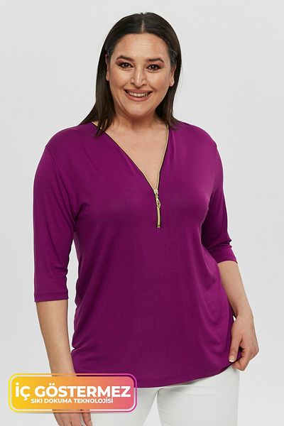 tarzımsüper Plus Size New Season Capri Sleeve Blouse Zippered Comfort Model V-neck 4 Seasons Mother Daily Stylish Blouse