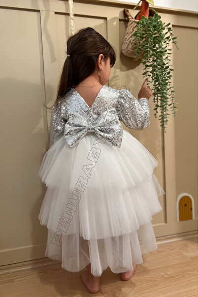 penu baby kids Beyaz Payetli Uzun Kol Tül Etekli Kız Bebek Elbise - Elizabeth