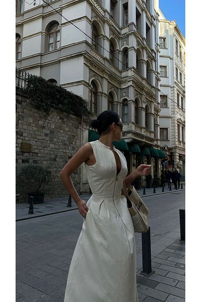 JaMolls țesătură de in Fustă clopot lată care se potrivește în talie mâneci zero detaliu fermoar mare rochie lungă echivalentă în pinterest