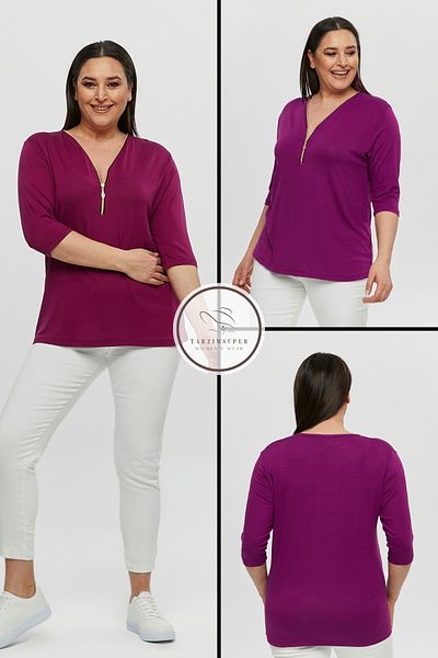 tarzımsüper Plus Size New Season Capri Sleeve Blouse Zippered Comfort Model V-neck 4 Seasons Mother Daily Stylish Blouse