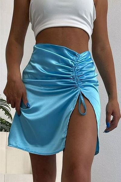 bayansepeti Blauer Satinrock mit Schlitz für Damen 5351