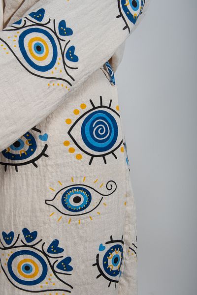 REİNA TEKS Peshtemal Bathrobe Cotton Evil Eye Bead Eye Yellow-Blue 1 Piece Unisex Beachwear Kimono Kaftan
