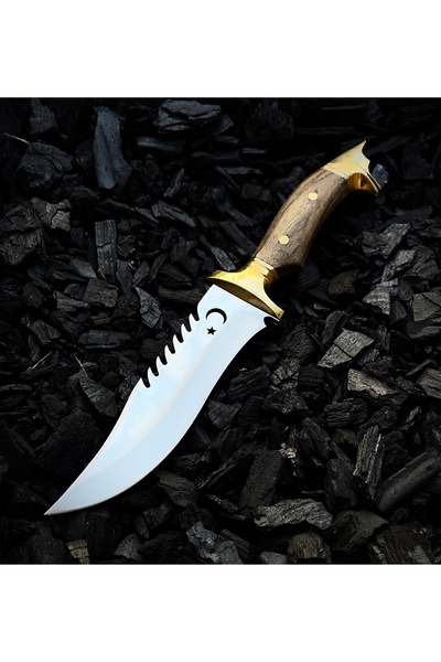 WeKnife Ahşap Kabze Özel Üretim Yerli Kurt Başlı Avcı Komando Kama - 24 Cm - Ayyıldız