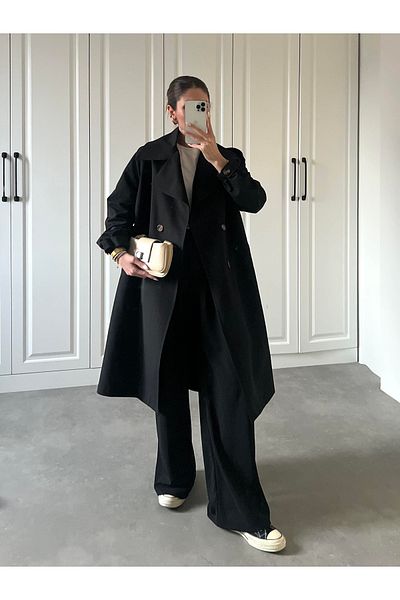 My Blog Women's Black Sleeves Rubber Detail Trench Coat