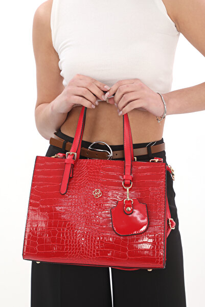 womenacs Bright Red Color Crocodile Patterned Women's Bag with Plenty of Eyelets and Shoulder Strap