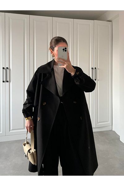 My Blog Women's Black Sleeves Rubber Detail Trench Coat