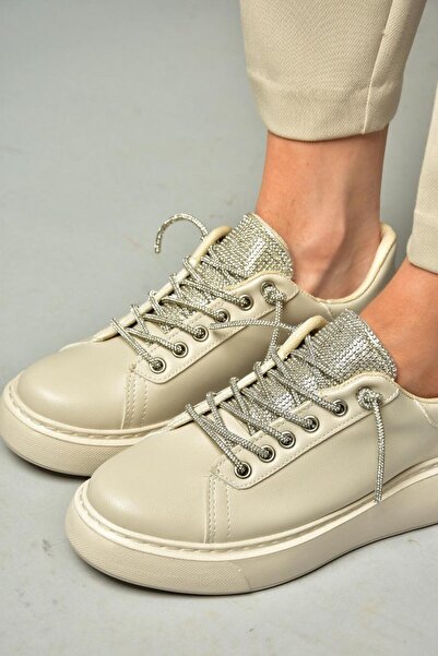 Fox Shoes P602001709 Γυναικεία αθλητικά παπούτσια με κορδόνια σε μπεζ πέτρα