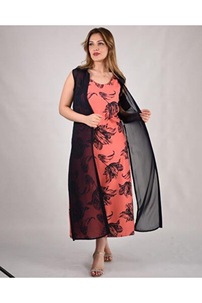 KAUNISS LACİVERT ÇİÇEK DESENLİ YELEK-ELBİSE TAKIM