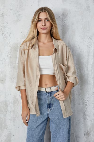 minaaise Cămașă oversize din stofă din cochilii de copac de piatră cu buzunare 23483