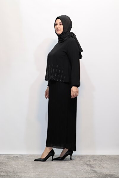 Zey&Ka Butik PİLİSELİ TAŞLI ASTARLI ŞİFON ABİYE ELBİSE