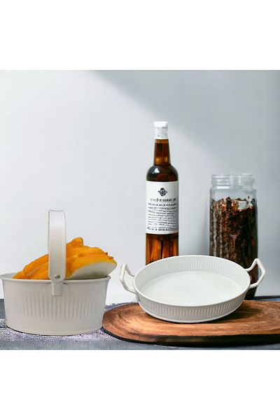 LUCKYHOMES 2 Piece Kitchen Set - Bread Bowl and Presentation Tray, White Color