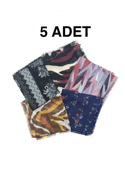 nazipek 5'li Set Karışık Desen Flamlı Pamuklu Yazma Eşarp 100x100cm Leopar Ze...
