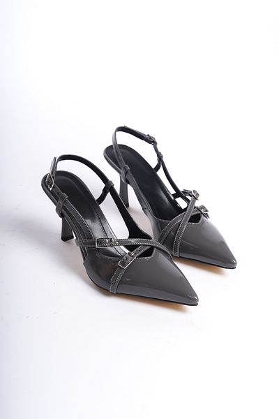 ÜNAL ÖZER Women's Gray Patent Leather Double Buckle Classic Heeled Shoes UN001-0212