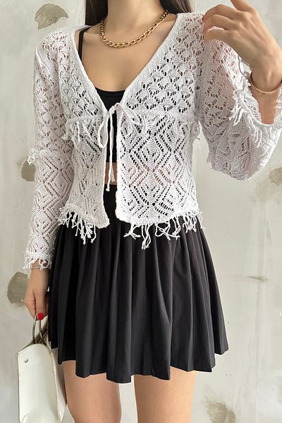 MODAMERSİ Women's White Openwork Tied Tasseled Cotton Knitwear Cardigan