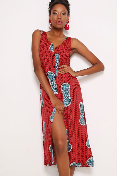 AVORWE Long V-Neck Dress - Zero Sleeve and Button Front Detail