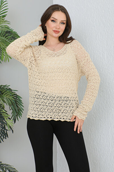 Zirve Ajurlu Delikli V yaka Triko Kazak yazlık