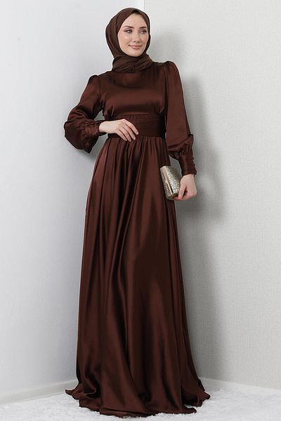 GİZ AGİYİM Pleated Waist Satin Evening Dress Bitter Brown