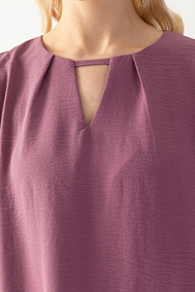 EtkiModa Γυναικείο Dusty Rose Drop γιακάς μισό μανίκι Loose Cut Aerobin Tunic