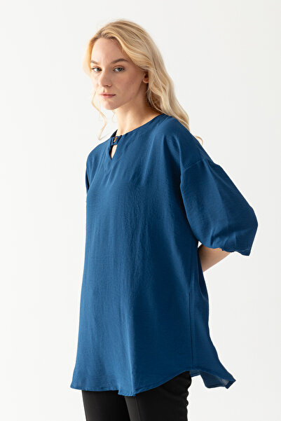 EtkiModa Bluză Aerobin, cu guler indigo, cu butoane, cu mâneci detaliate, cu jumătate de mânecă fumată