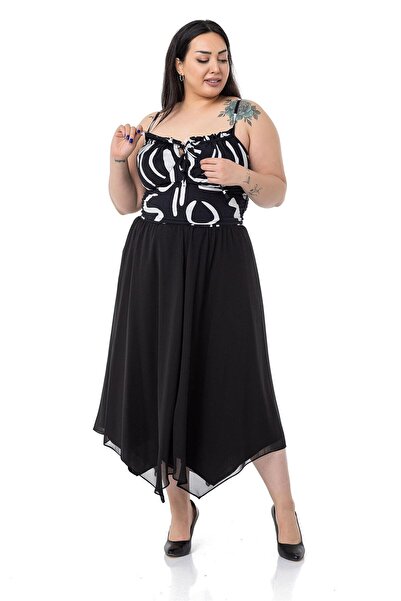 DISENTIS MODEST Plus Size Asymmetrical Cut Lined Black Chiffon Skirt