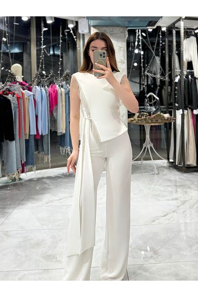 missswans Tereza Side Tied Chain Stone Detailed Jumpsuit-Ecru