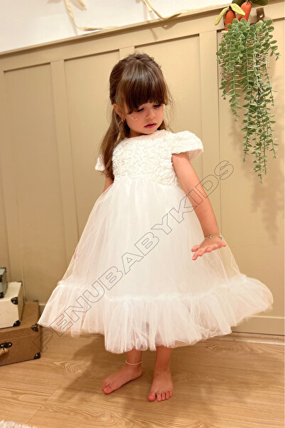 penu baby kids White Pearl Detailed Short Sleeve Baby Girl Dress