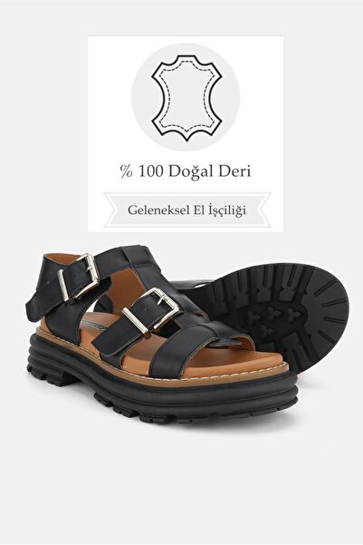 TUNAELLİ WOMEN'S BLACK GENUINE NATURAL LEATHER SHORT HEELED BUCKLE SANDALS