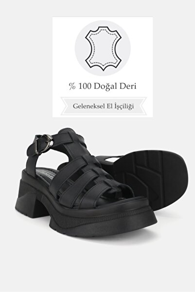 TUNAELLİ WOMEN'S BLACK GENUINE NATURAL LEATHER THICK HEELED BUCKLE SLIPPERS