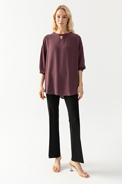 EtkiModa Γυναικείο Dusty Rose με κουμπιά με λεπτομέρεια μανίκια με μισό μανίκι Loose Cut Aerobin Tunic