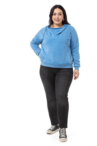 DISENTIS MODEST Plus Size Degaje Guler Guler Buzunar Hanorac Pictat Trei Fire Albastru