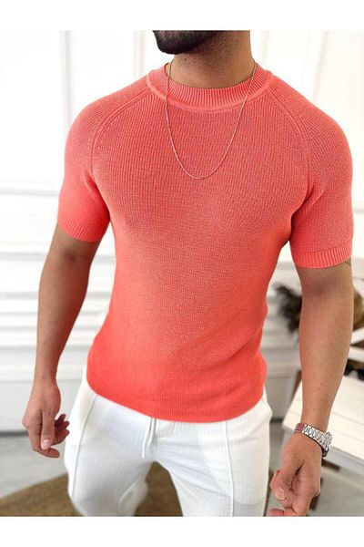 elkumoda Knitted Knitwear T-Shirt Short Sleeve Knitwear Slim Fit Slim Fit T-shirt