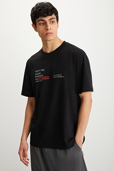 GRIMELANGE Černé pánské tričko RAMADANP018 ze 100% bavlny s výstřihem a výstřihem