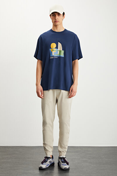 GRIMELANGE RAMADANP007 férfi 100% pamut nyakú nyomott sötétkék póló