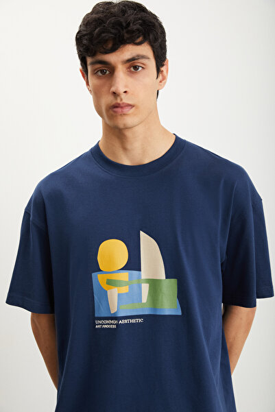 GRIMELANGE RAMADANP007 férfi 100% pamut nyakú nyomott sötétkék póló