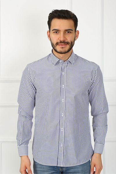 SAMSA Ανδρικό πουκάμισο από βαμβακερό ριγέ Slim Fit Easy-Iron