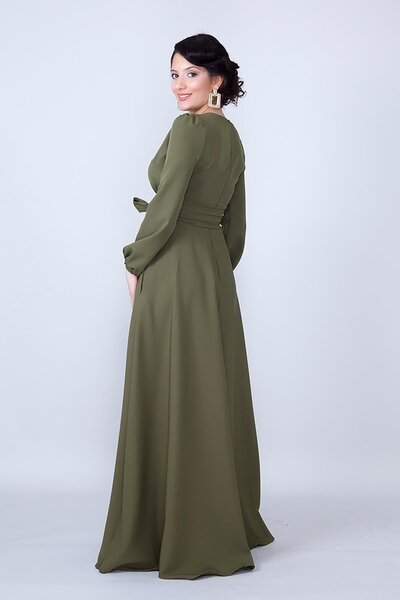 lovebox Stretchy Fabric Sash Pocket Detail Round Neck Long Sleeve Waist Smocked Maxi Length Khaki Evening Dress 352