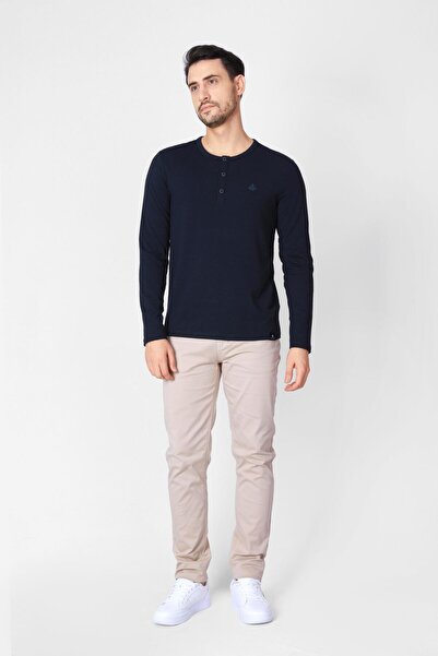 ADAM BOXES Buttoned Crew Neck Long Sleeve T-shirt Np-collargo - Navy Blue