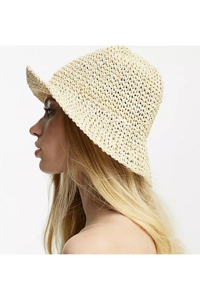 BALIENTE Beige Knitted Straw Bucket Women's Hat