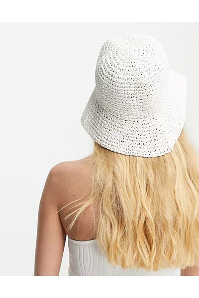 MARBERRY White Knitted Straw Bucket Women's Hat