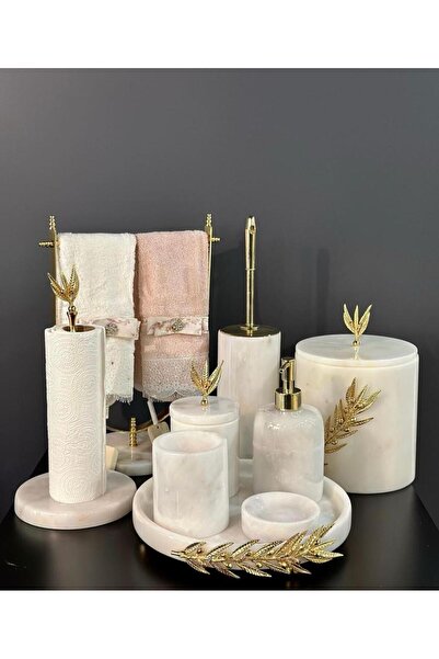 st sarıtaş MERMER GOLD ZEYTİN DALI AKSESUAR DETAYLI 9 LU MERMER BANYO SETİ