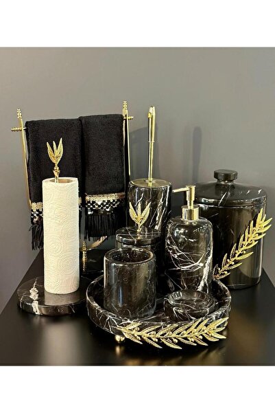 st sarıtaş MERMER GOLD ZEYTİN DALI AKSESUAR DETAYLI 9 LU MERMER BANYO SETİ