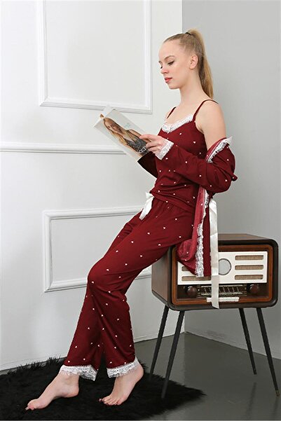 Generic Brand Costum de pijama rochie roșie claret din 3 piese Linen's Fashio...