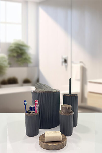 BİLTAŞ PLASTİK Auaro 5 Parça Gri Çizgili Kahverengi Akrilik Desenli Yuvarlak 5'li Banyo Seti