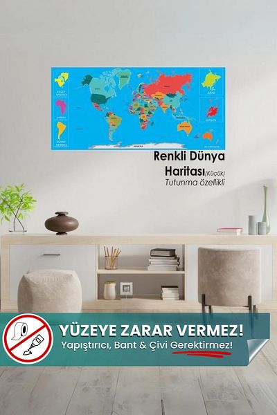 Pi Papers Harta lumii colorată, autoadeziv, static, fără adeziv Hartă Magic Smart Paper