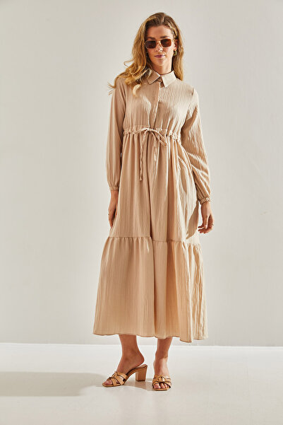 Bianco Lucci Modest Dlouhé hidžábové rozšířené šaty – shromážděný pas, dřeňový límec60181034