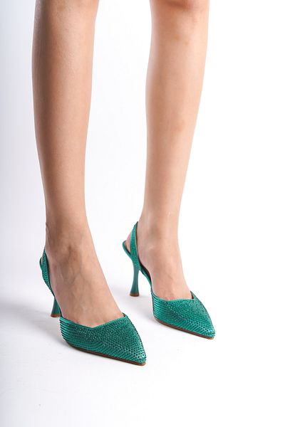 Moda Değirmeni Pantofi rochii de seară cu toc subțire cu pietre din satin verde BG1186-121-0003