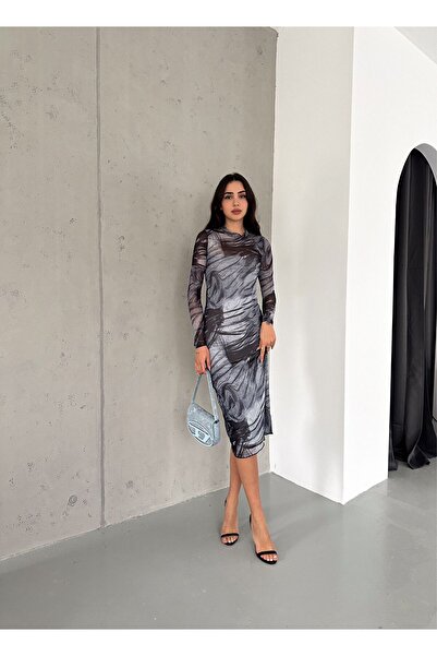 gozdefashion Kadın Desenli Tül Elbise