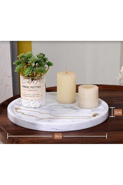 Sümeyra Marble Art Fulya White with Gray Transition Round Marble Tray "28cm